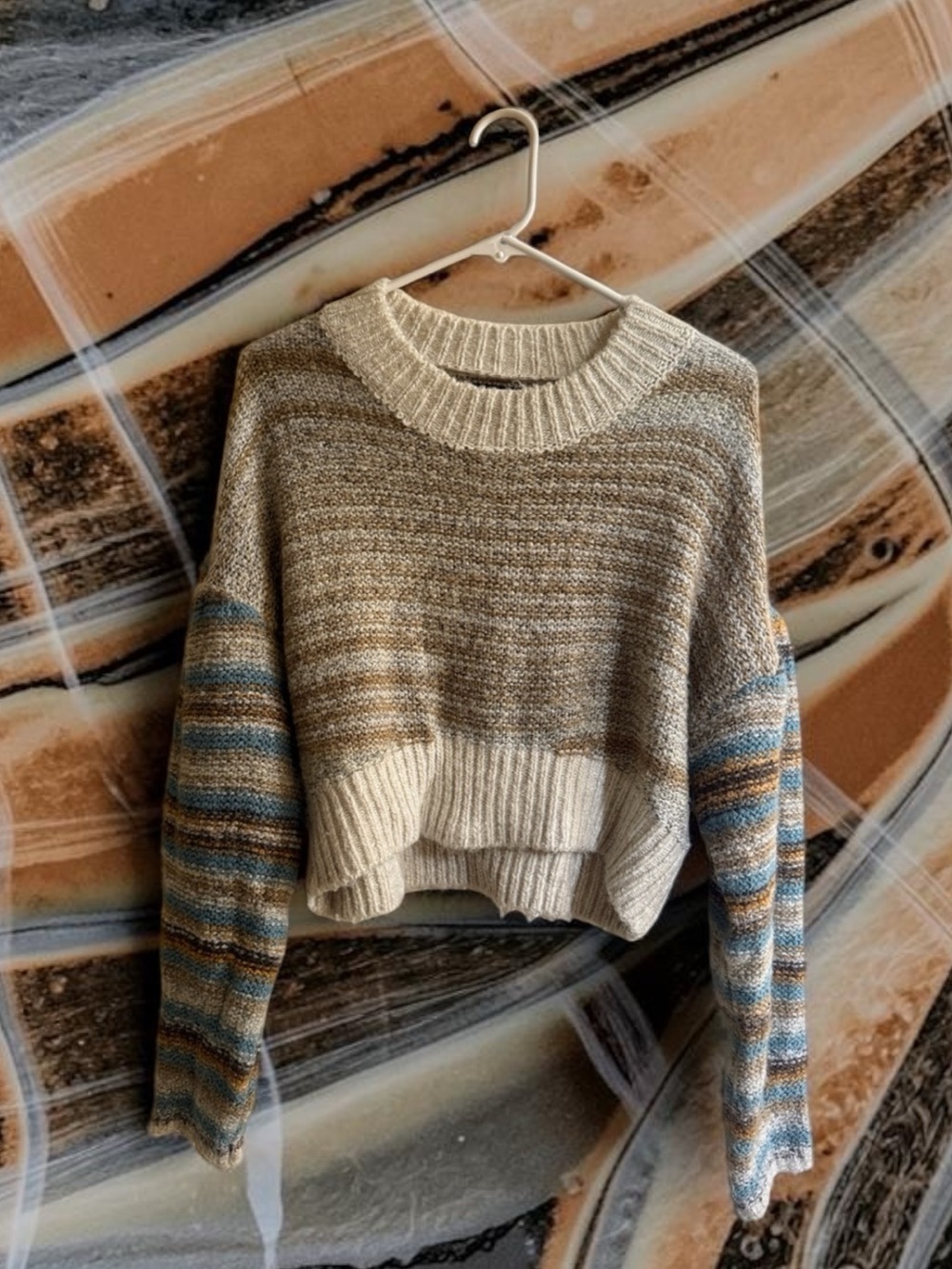 Urban Outfitters Striped Cropped Crewneck Sweater in Cream, Blue, Tan